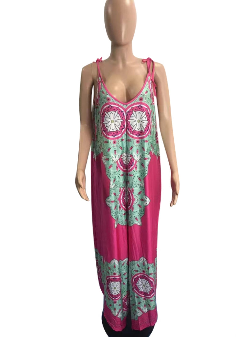 BamBam Women Summer Pink Casual V-neck Sleeveless Floral Print Full Length Loose Plus Size Jumpsuit - BamBam Clothing