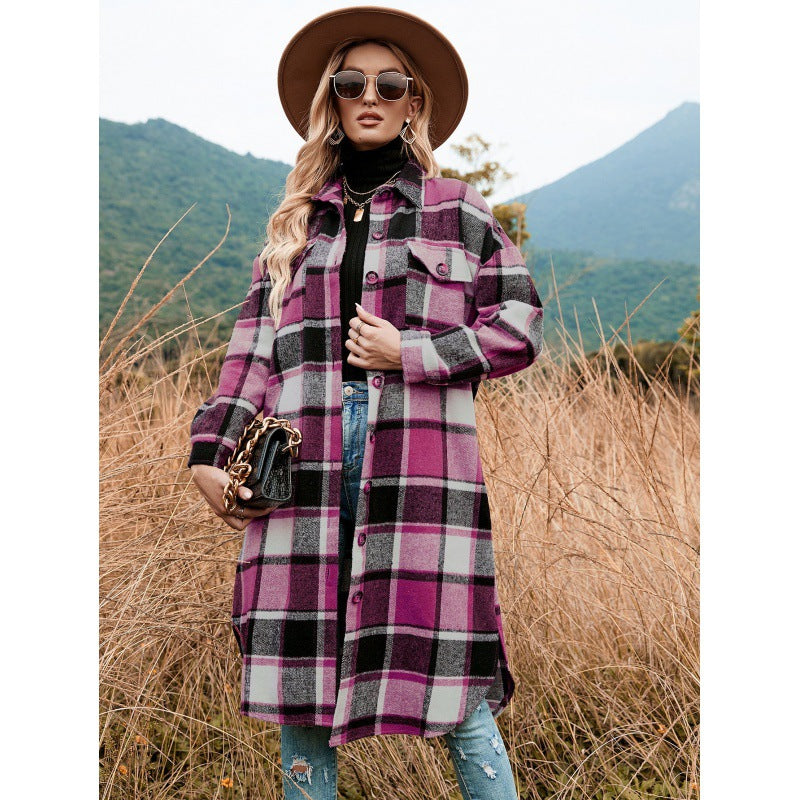 BamBam Autumn And Winter Chic Windbreaker Coat Side Slit Turndown Collar Loose Plaid Shirt Jacket - BamBam Clothing