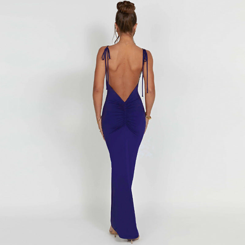 BamBam Women Summer Sexy Backless Pleated Solid Strap Dress - BamBam Clothing