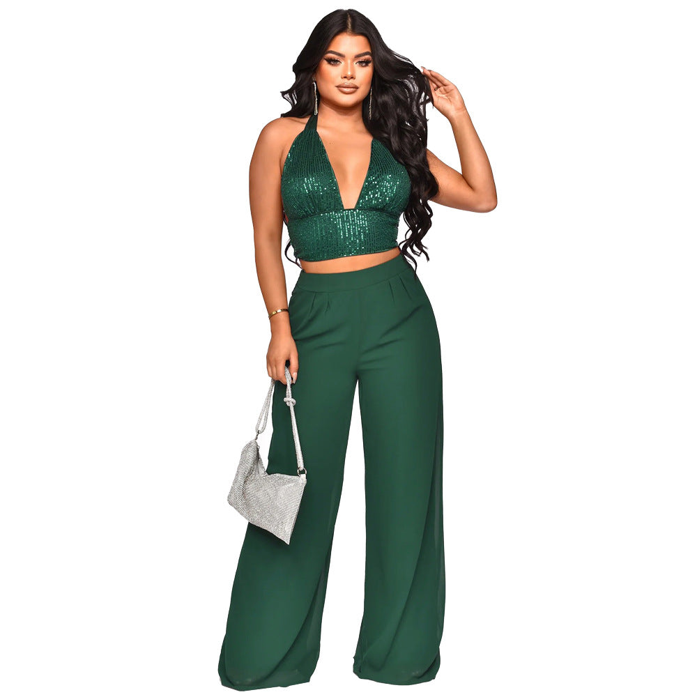 BamBam Sexy Sequined Halter Neck Tank Top Chiffon High-Waisted Straight Pants Two-Piece Set - BamBam