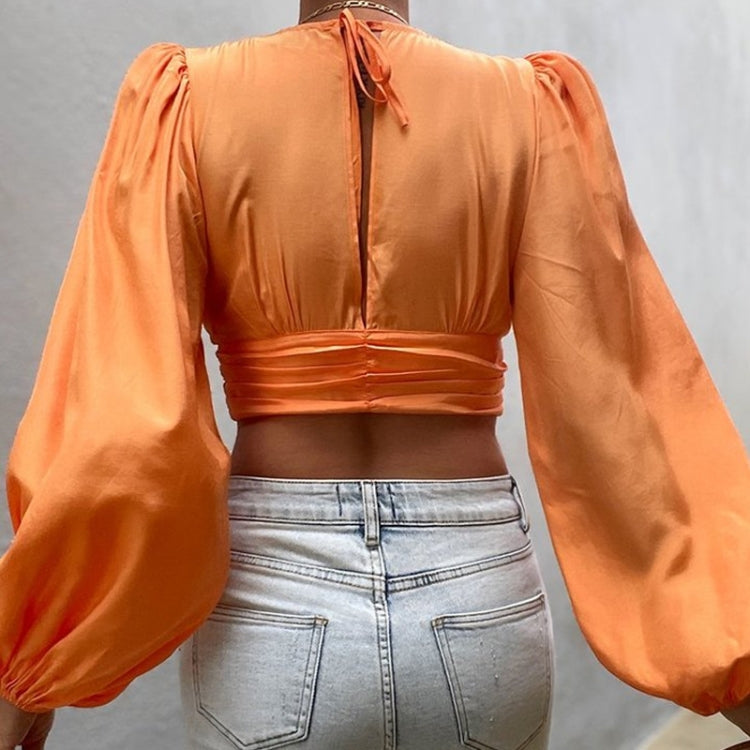 BamBam Autumn Casual Orange Puff Sleeve V-Neck Crop Top - BamBam