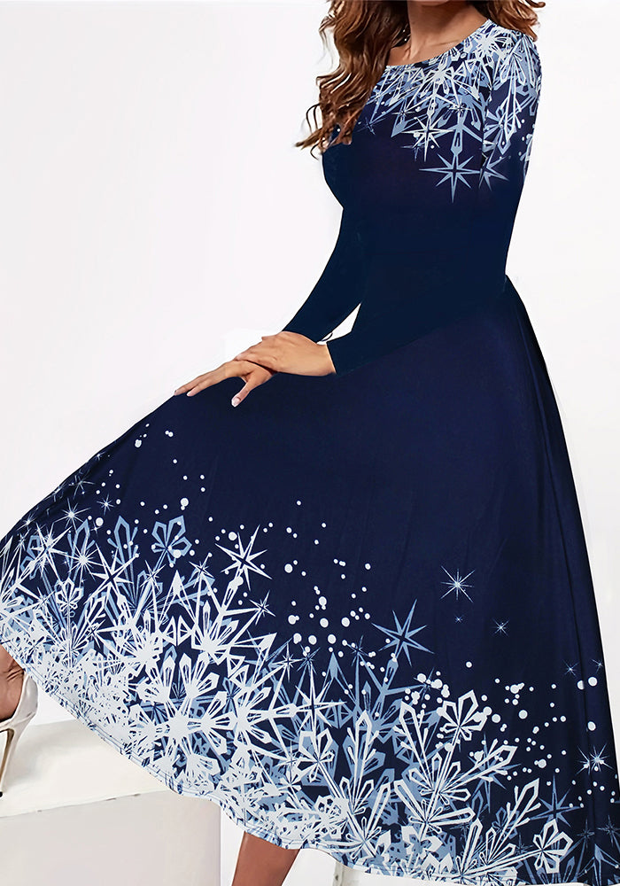 Autumn And Winter Christmas Snowflake Print Round Neck A-Line Swing Dress For Women