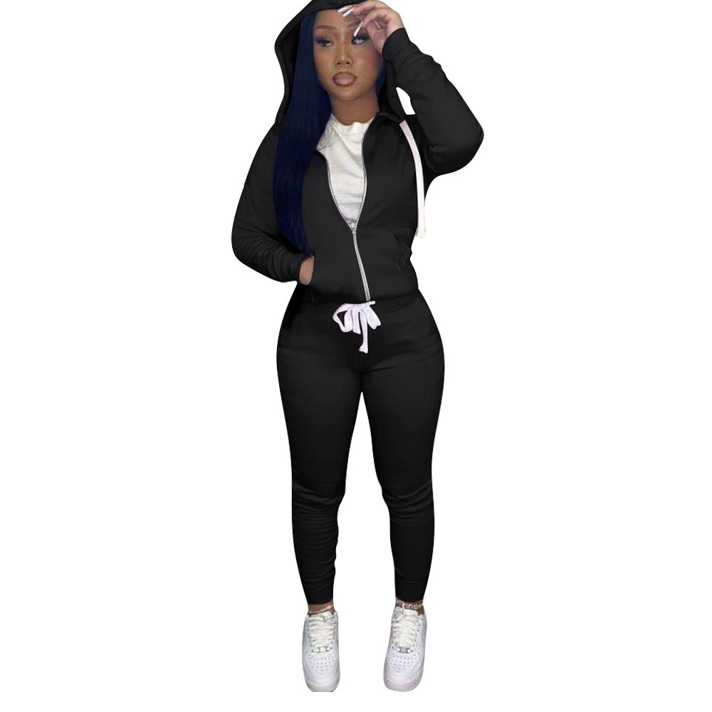 BamBam Women Sports Casual Solid Hoodies and Pant Two-piece Set - BamBam