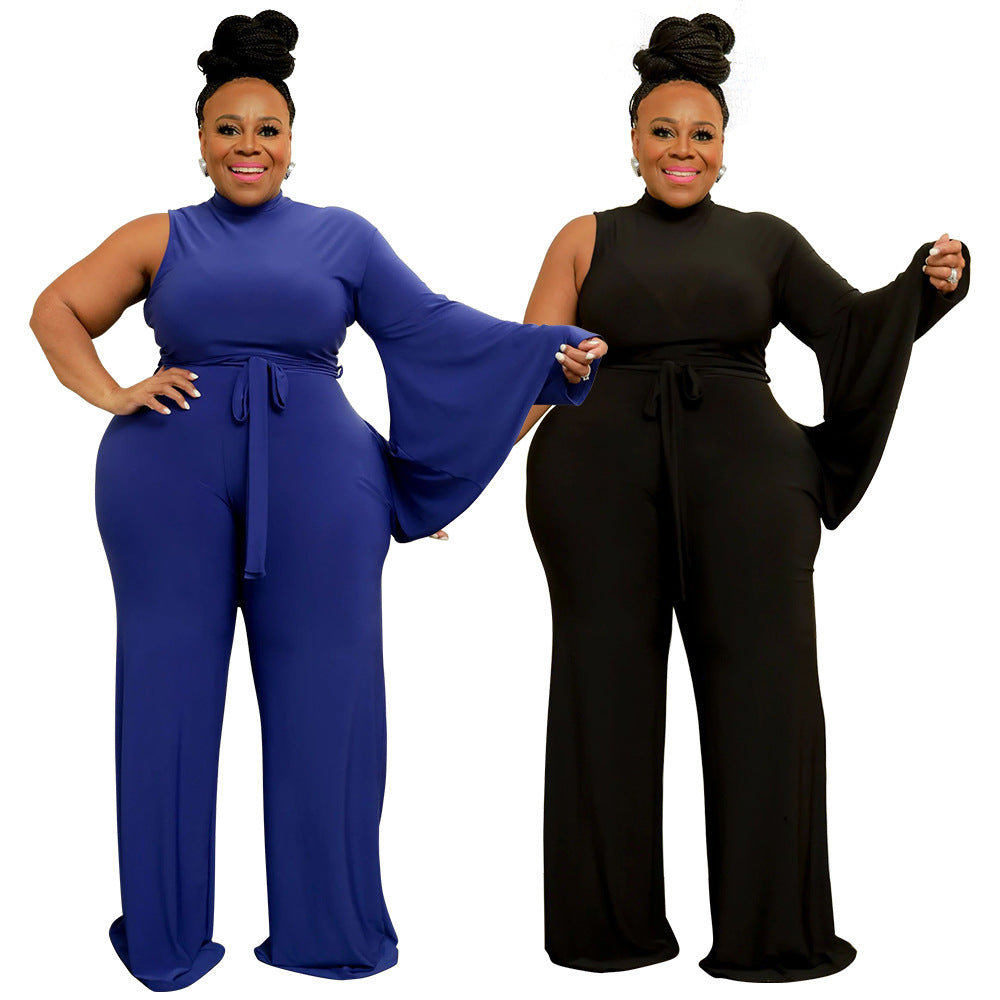 Fashion Plus Size Women's Solid Lace-Up Slash Shoulder Wide Sleeve Jumpsuit