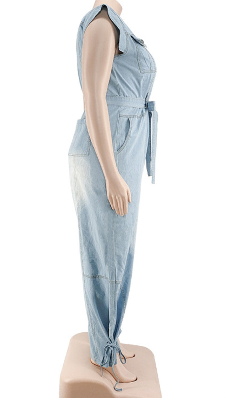 BamBam Summer Plus Size Sleeveless Denim Jumpsuit with Belt - BamBam Clothing