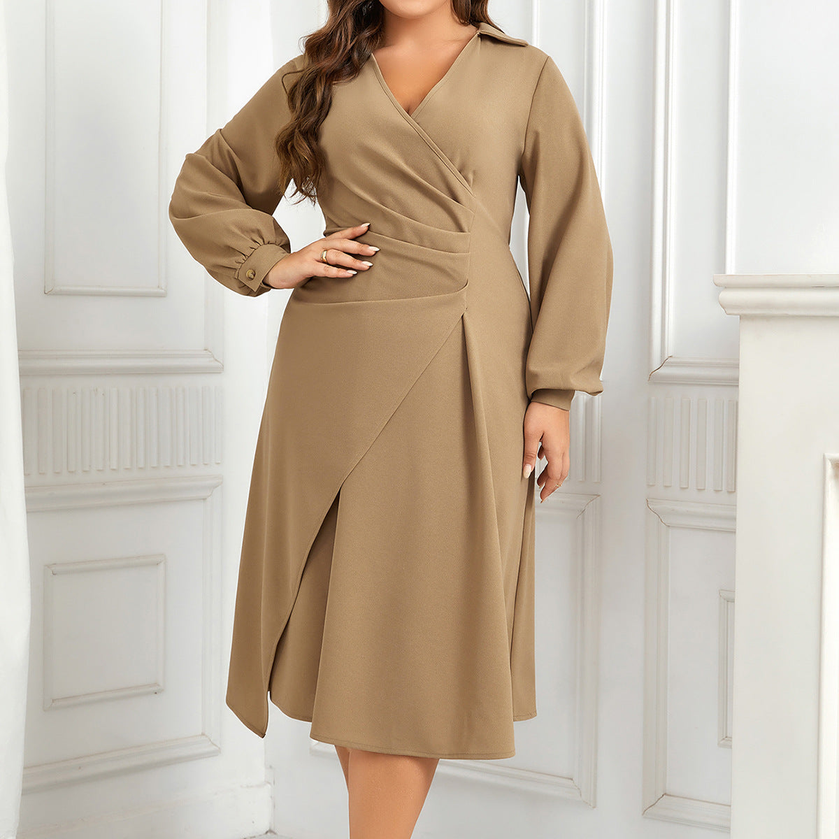 BamBam Plus Size Spring And Autumn Slim Fit V-Neck Solid Color Chic Irregular Dress - BamBam