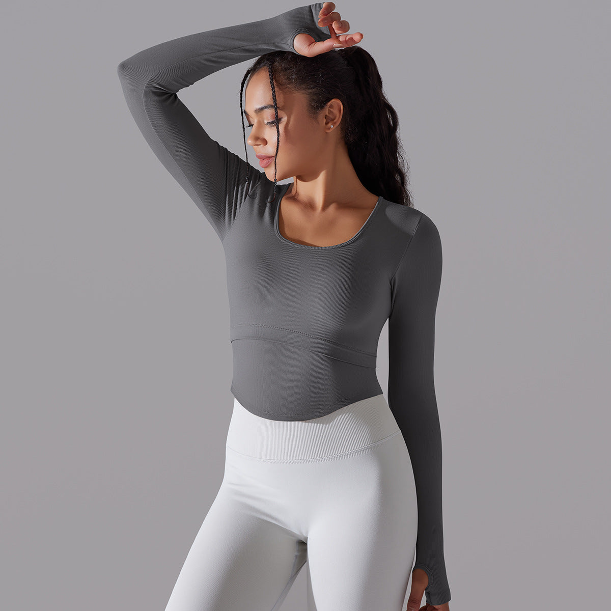 BamBam Seamless Knitting Solid Color Ribbed Sports Yoga Long-Sleeved Running Fitness Yoga Tops For Women - BamBam