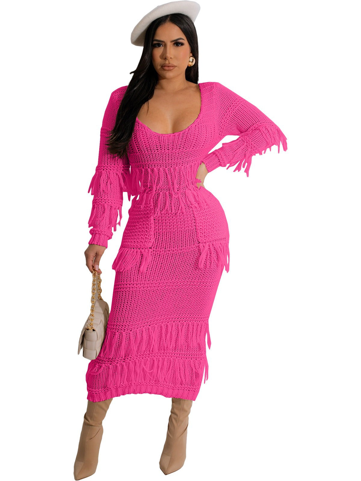 BamBam Women sexy knitting Crochet fringed dress (with pockets) - BamBam