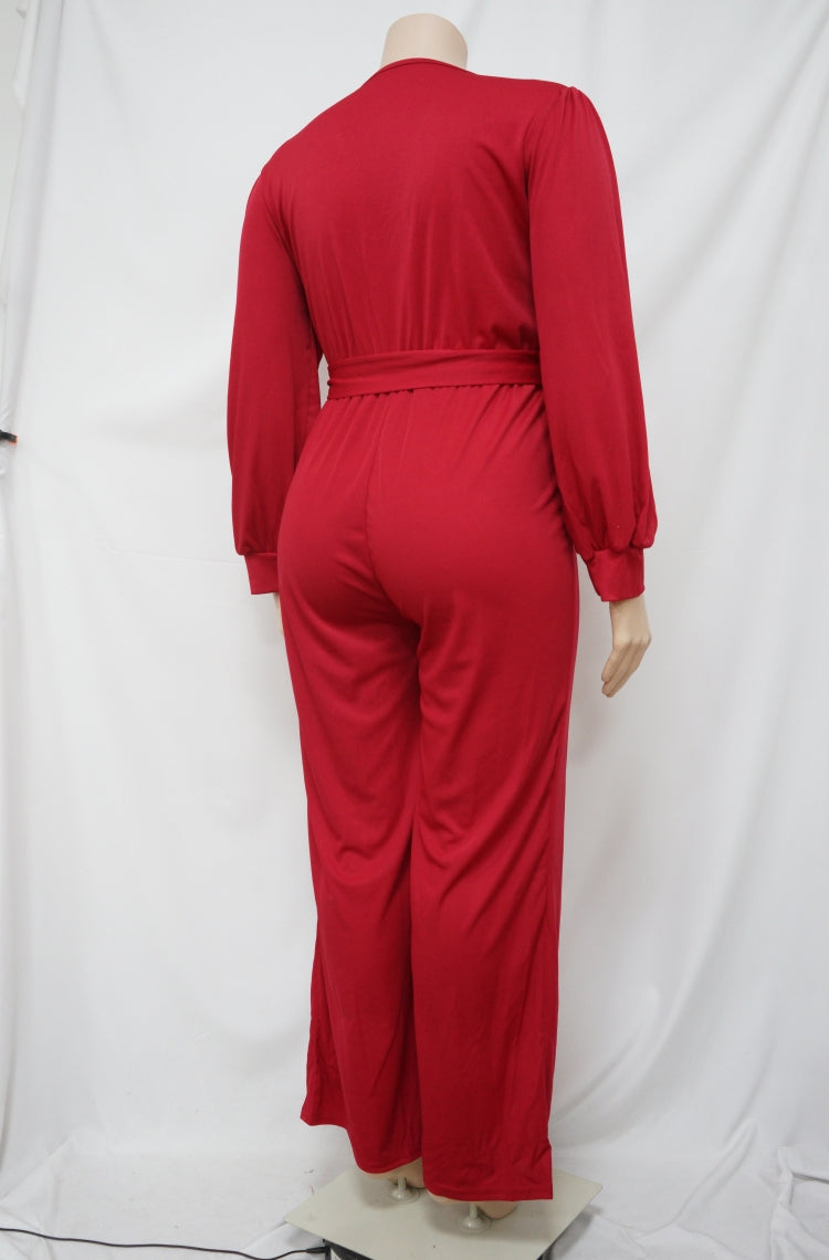 BamBam Autumn Plus Size Elegant Wrap Jumpsuit Red - BamBam Clothing