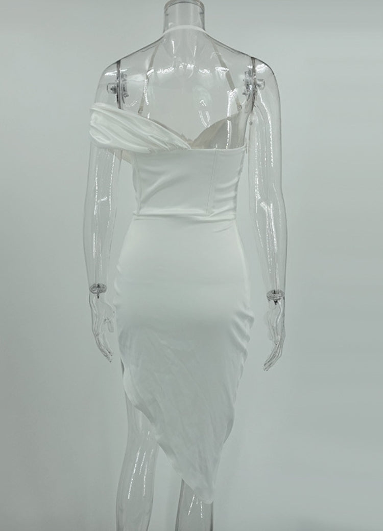 BamBam Women Summer White Modest Halter Short Sleeves Solid Satin Pleated Asymmetrical Evening Dress - BamBam Clothing
