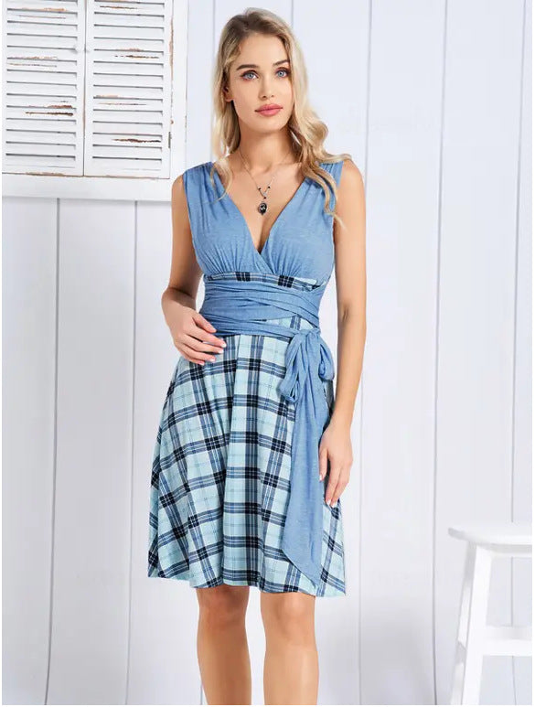 BamBam Plus Size Women Deep V Plaid Patchwork Loose Dress - BamBam