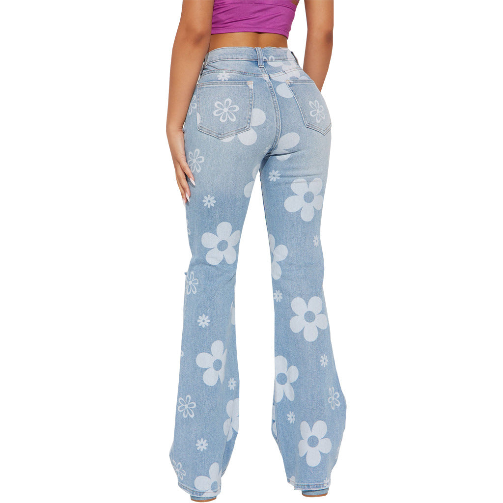 BamBam Women Trend Print Stretch Bell Bottom Denim Pants - BamBam