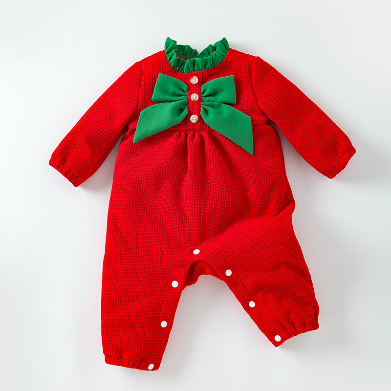 BamBam Autumn And Winter Christmas Baby Jumpsuit Fashion Trendy Bow Red And Green Long Sleeve Jumpsuit - BamBam