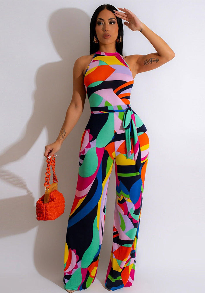 Sexy Print Halter Neck Sleeveless Jumpsuit