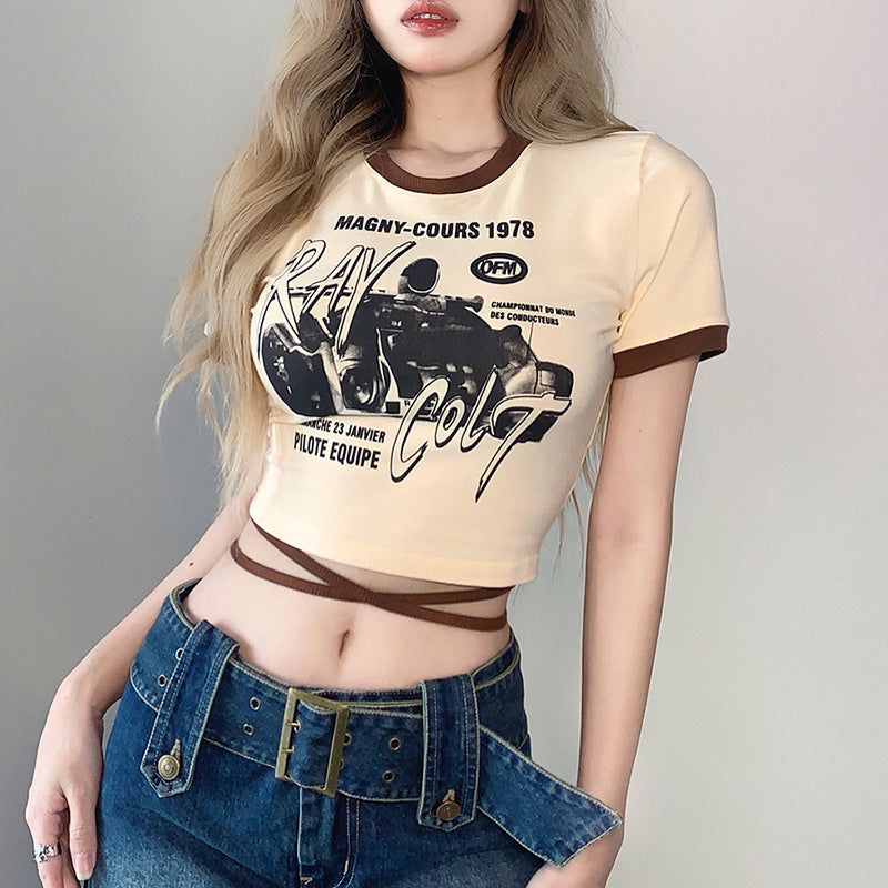 Summer Sexy Slim Fashion Print Round Neck Lace-Up Corset Crop T-Shirt Women