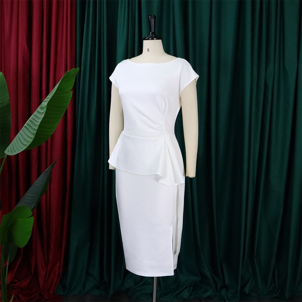 BamBam Women Summer White Formal O-Neck Short Sleeves Solid Slit Midi Sheath Office Dress - BamBam