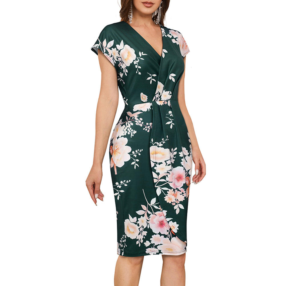 BamBam Women V-Neck Short Sleeve Pleated Floral Bodycon Dress - BamBam