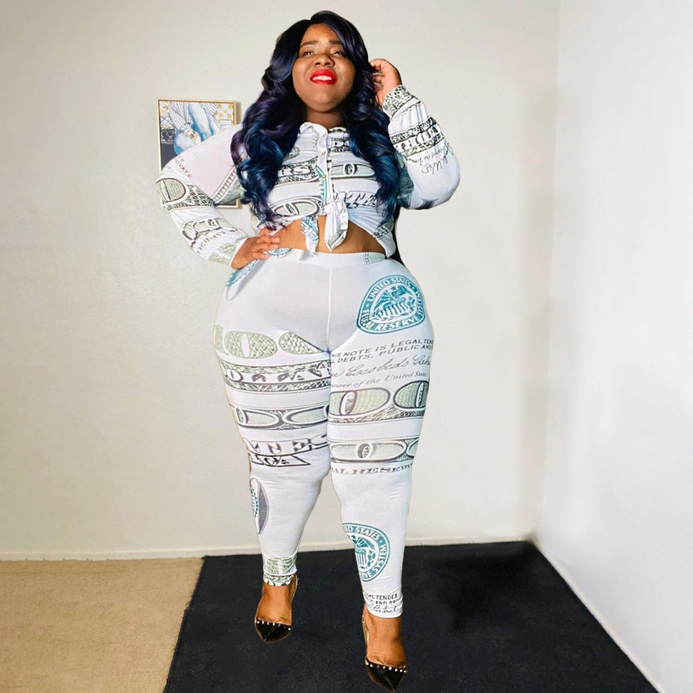 BamBam Plus Size Women Vintage Printed Long Sleeve Shirt + Pants Two-Piece Set - BamBam Clothing