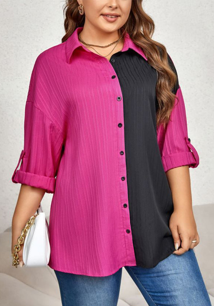 Chic Elegant Career Long Sleeve Turndown Collar Color Block Shirt Top