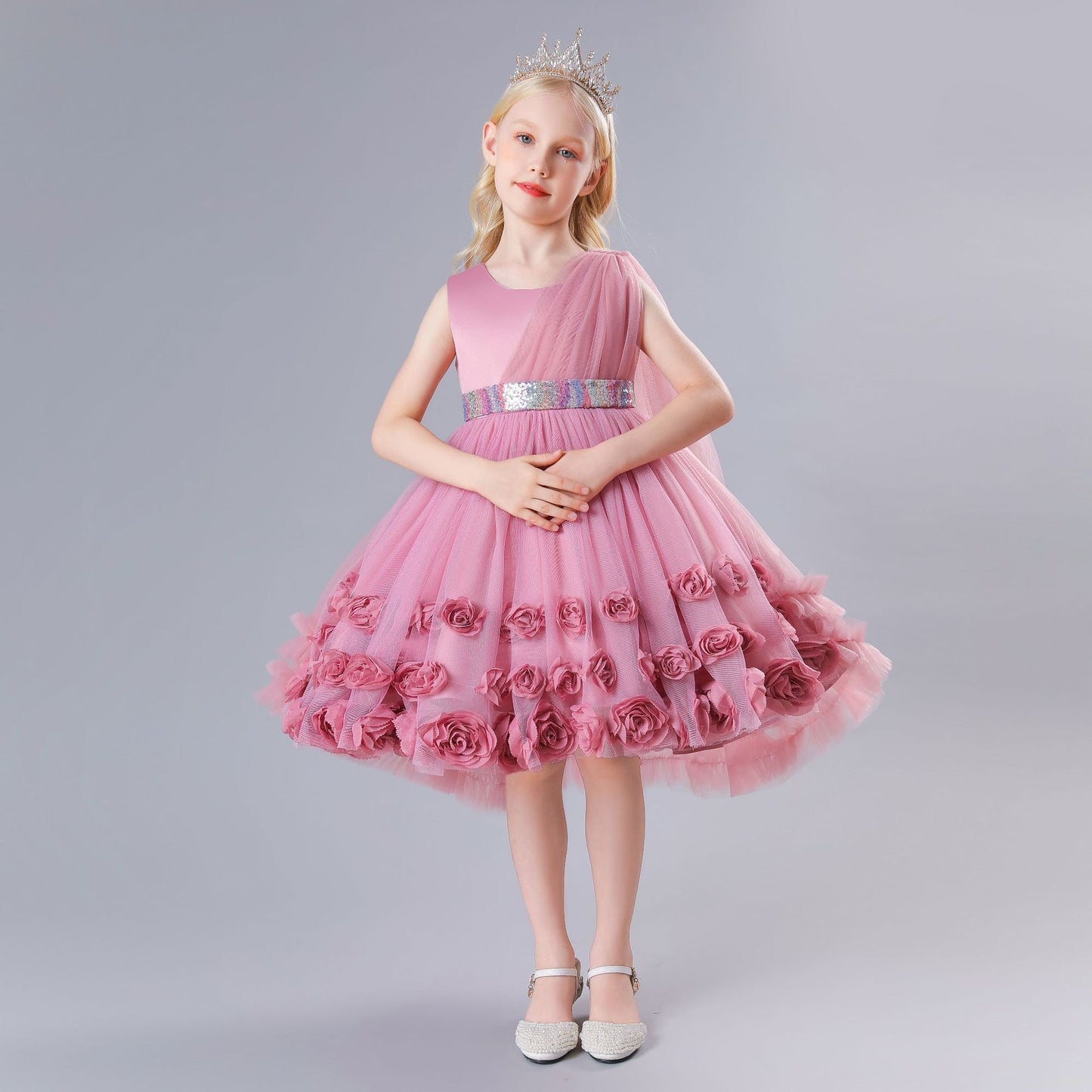 BamBam Summer Girls Evening Dress Children's Clothing Trendy Princess Dress Performance Dress Fluffy Rose Dress - BamBam