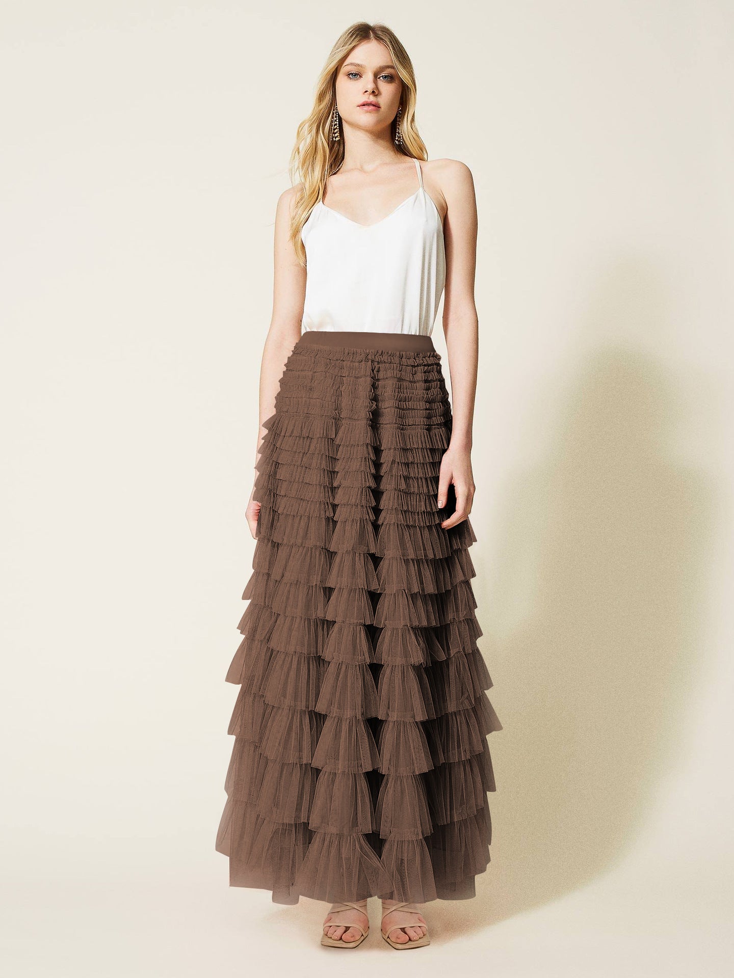 BamBam Autumn Women's Solid Color Chic Elegant High Waist A-Line Puff Mesh Long Skirt - BamBam