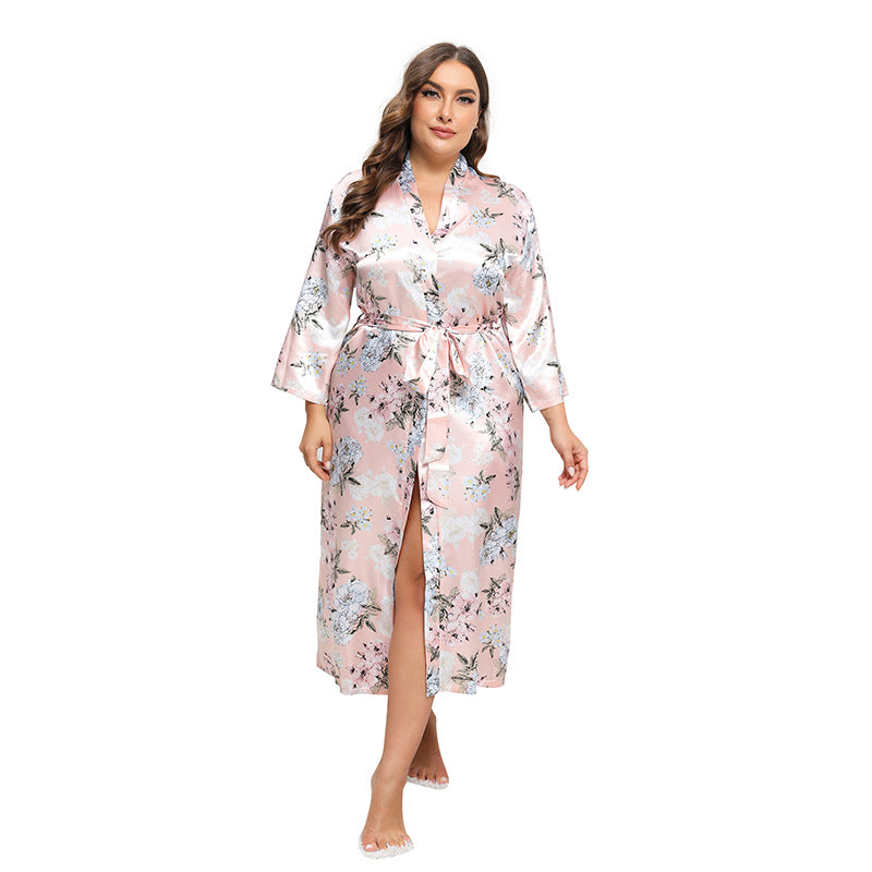 BamBam Plus Size Women Loose Long Sleeve Printed Satin Nightgown - BamBam