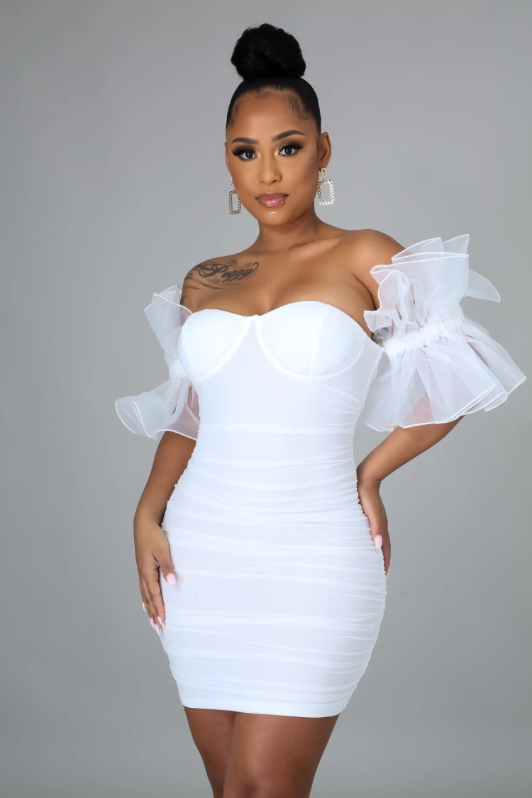 BamBam Summer Sexy White Puffed Lace Short Sleeve Off Shoulder Bodycon Dress - BamBam Clothing