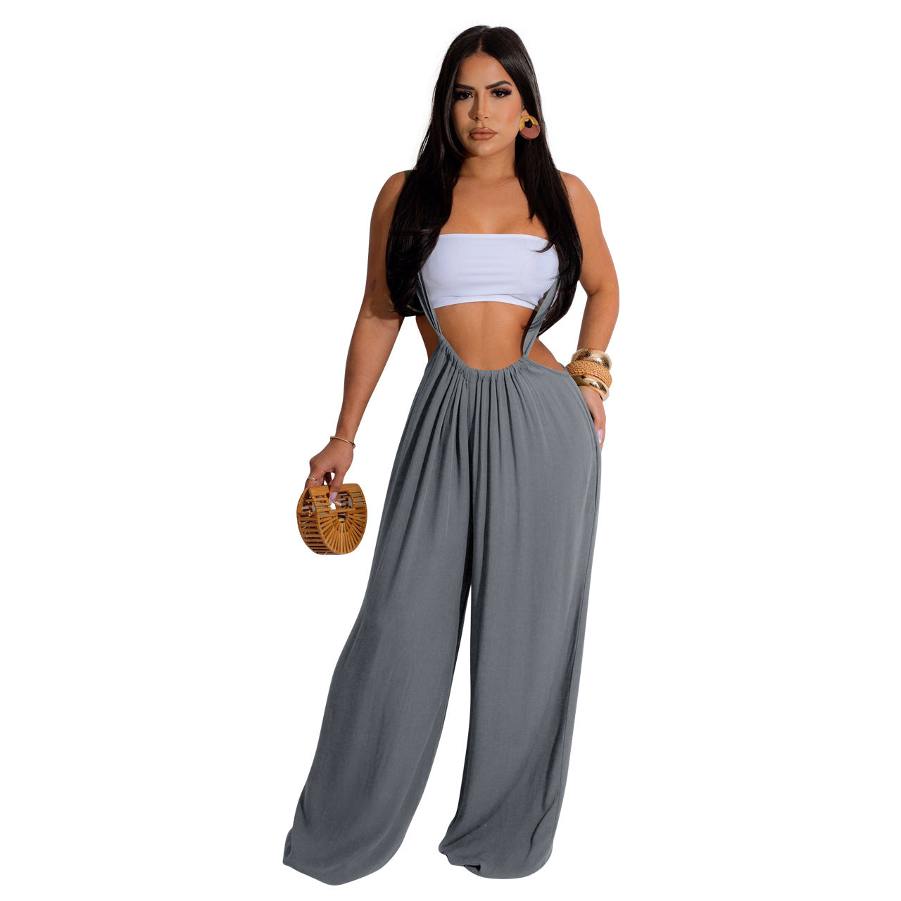 BamBam Women Casual Solid Wide Leg Overalls - BamBam Clothing Clothing