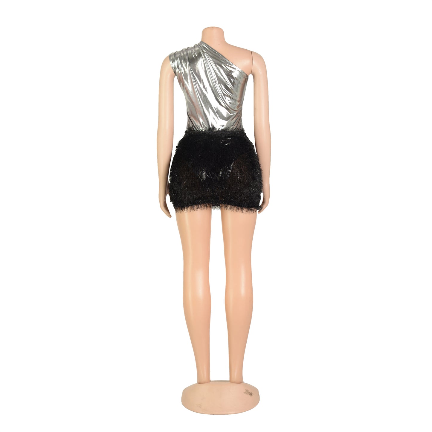 BamBam Women's Solid Color Glossy Bodysuit Sexy Short Skirt Two-Piece Set - BamBam