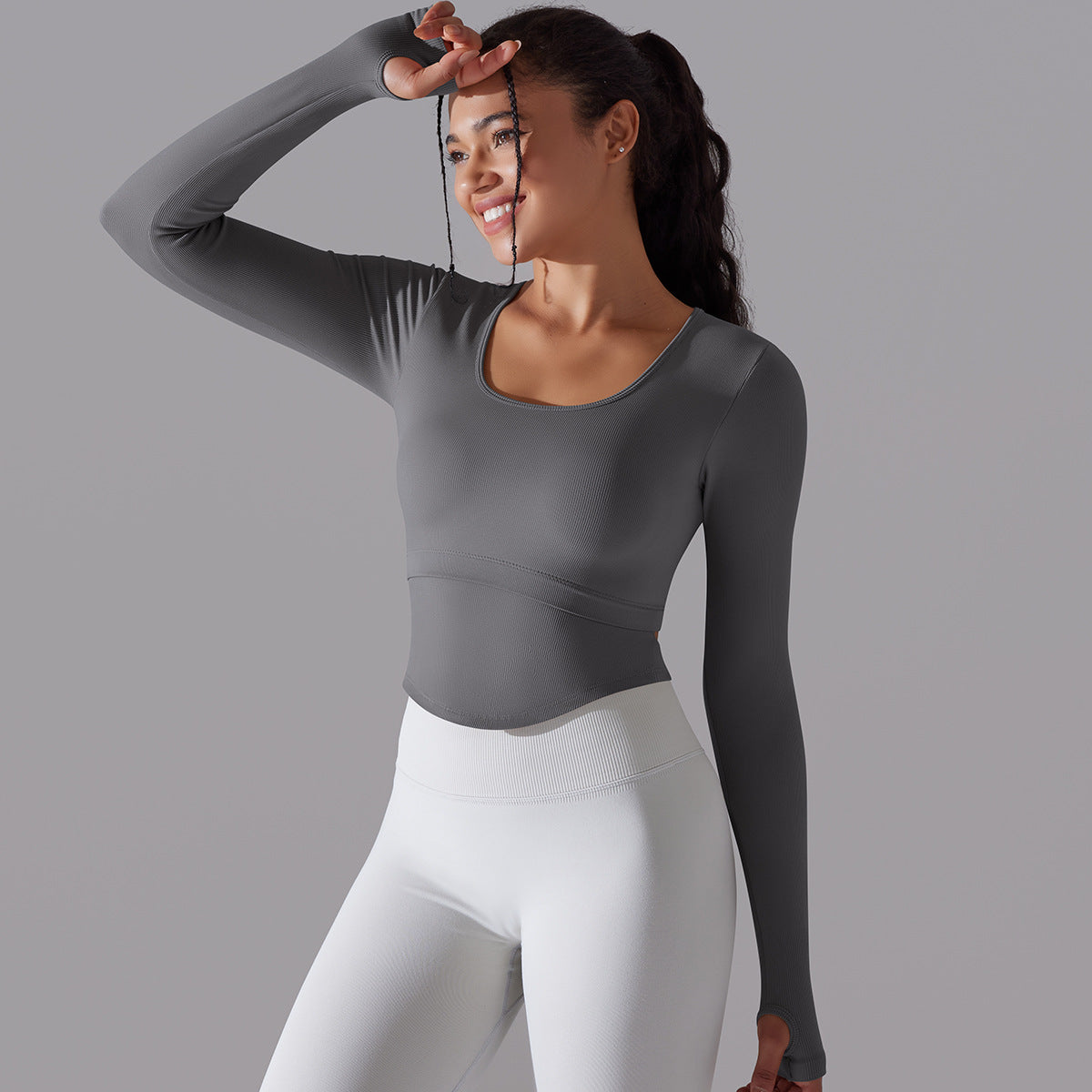 BamBam Seamless Knitting Solid Color Ribbed Sports Yoga Long-Sleeved Running Fitness Yoga Tops For Women - BamBam