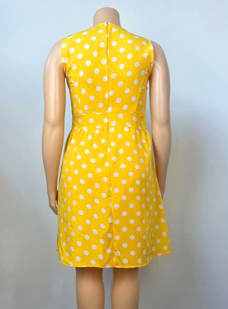 BamBam Women Summer Yellow Sweet O-Neck Sleeveless Dot Print Midi A-line Plus Size Casual Dress - BamBam