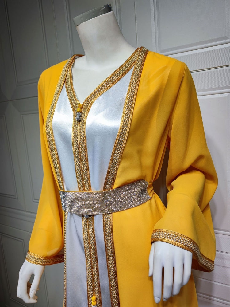 BamBam Women Spring Yellow Tape Belted Islamic Clothing Kaftan Abaya Muslim Dress two piece set - BamBam