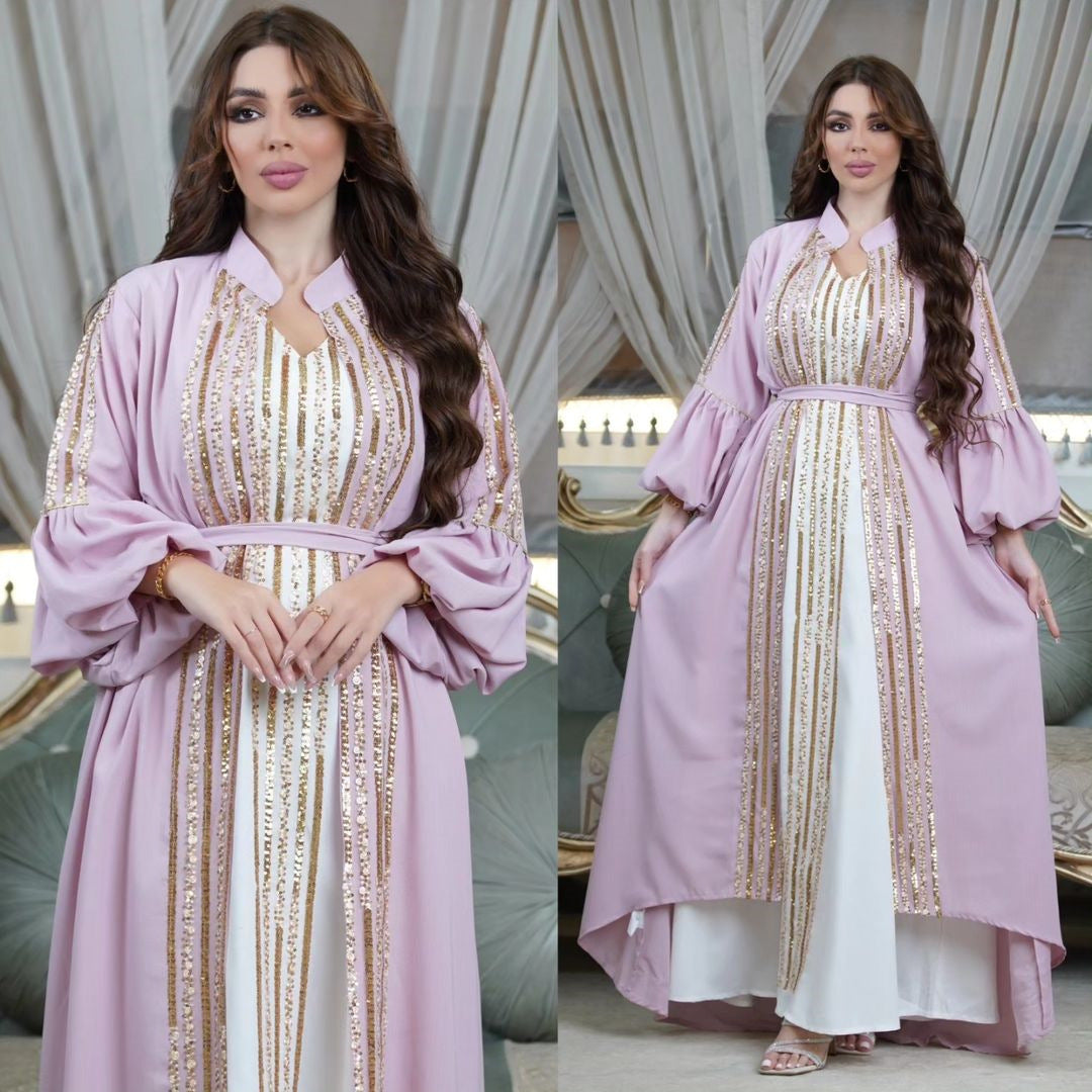 BamBam Muslim Fashion Ladies Sequin Embroidered Two-Piece Puff Sleeve Robe Dress - BamBam