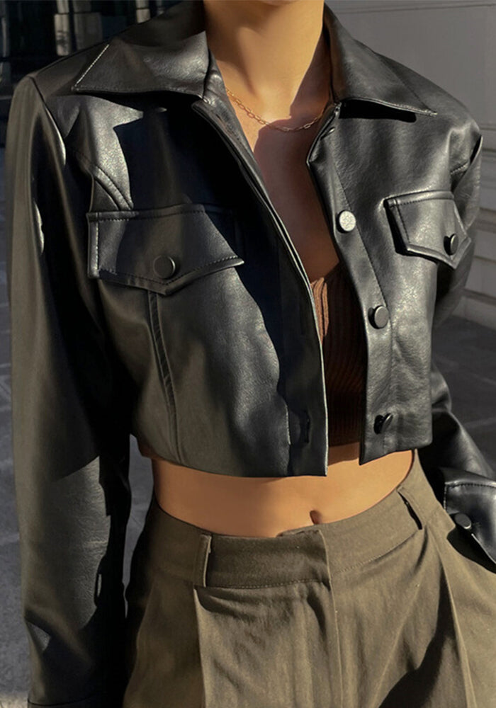 Women Sexy Crop PU-Leather Jacket