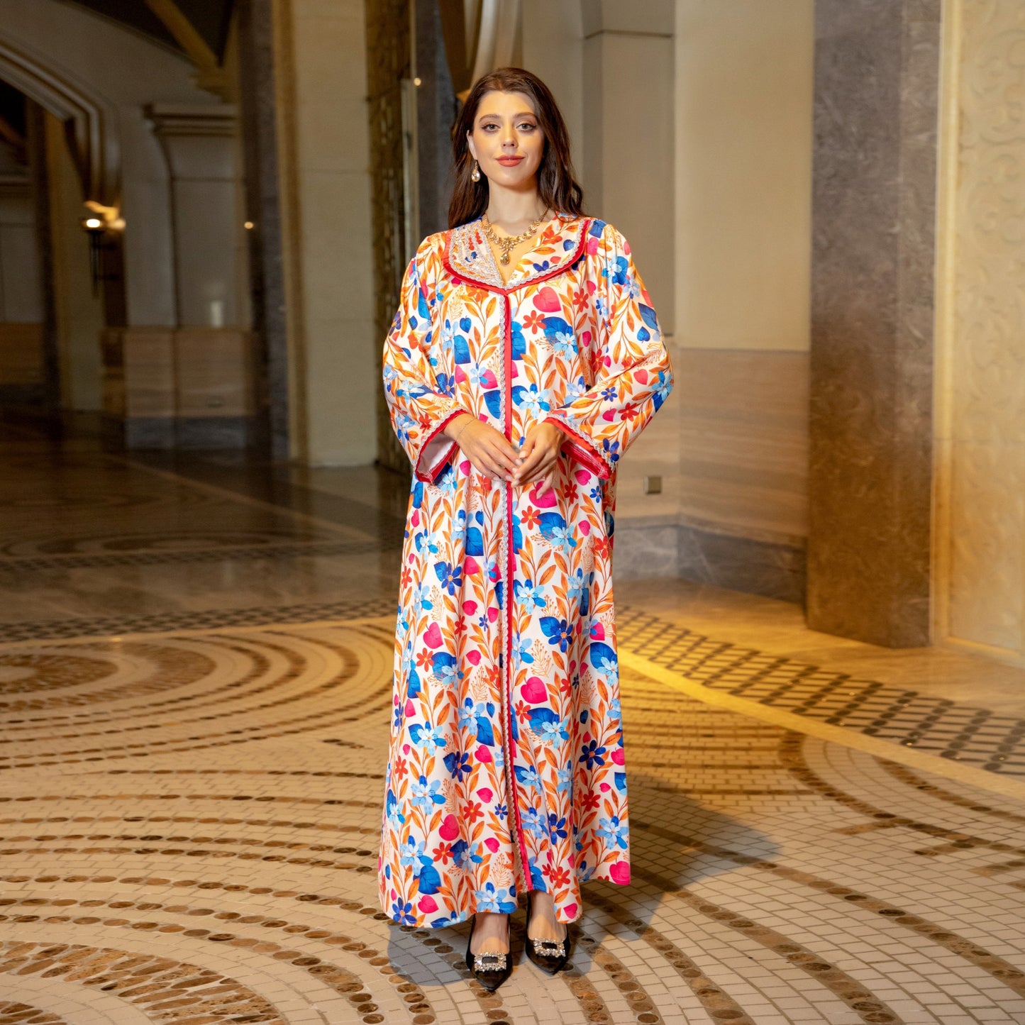 BamBam Long Sleeve Ladies Printed Beaded Robe Luxury Evening Dress Arabian Women's Clothing - BamBam