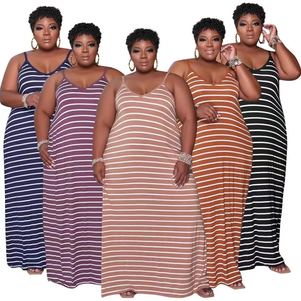 BamBam Stripe Print Dress Plus Size Women's Loungewear Loose Dress - BamBam