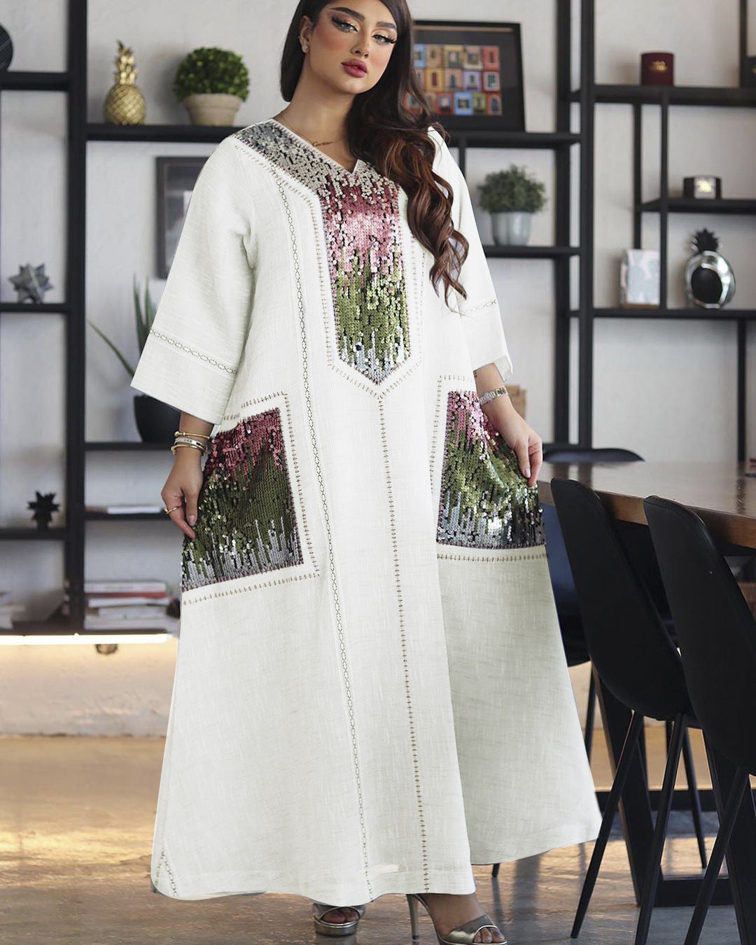 BamBam Jalabiya Dubai Sequin Embroidered Robe Ramadhan Muslim Women Clothing Indonesia Abaya - BamBam