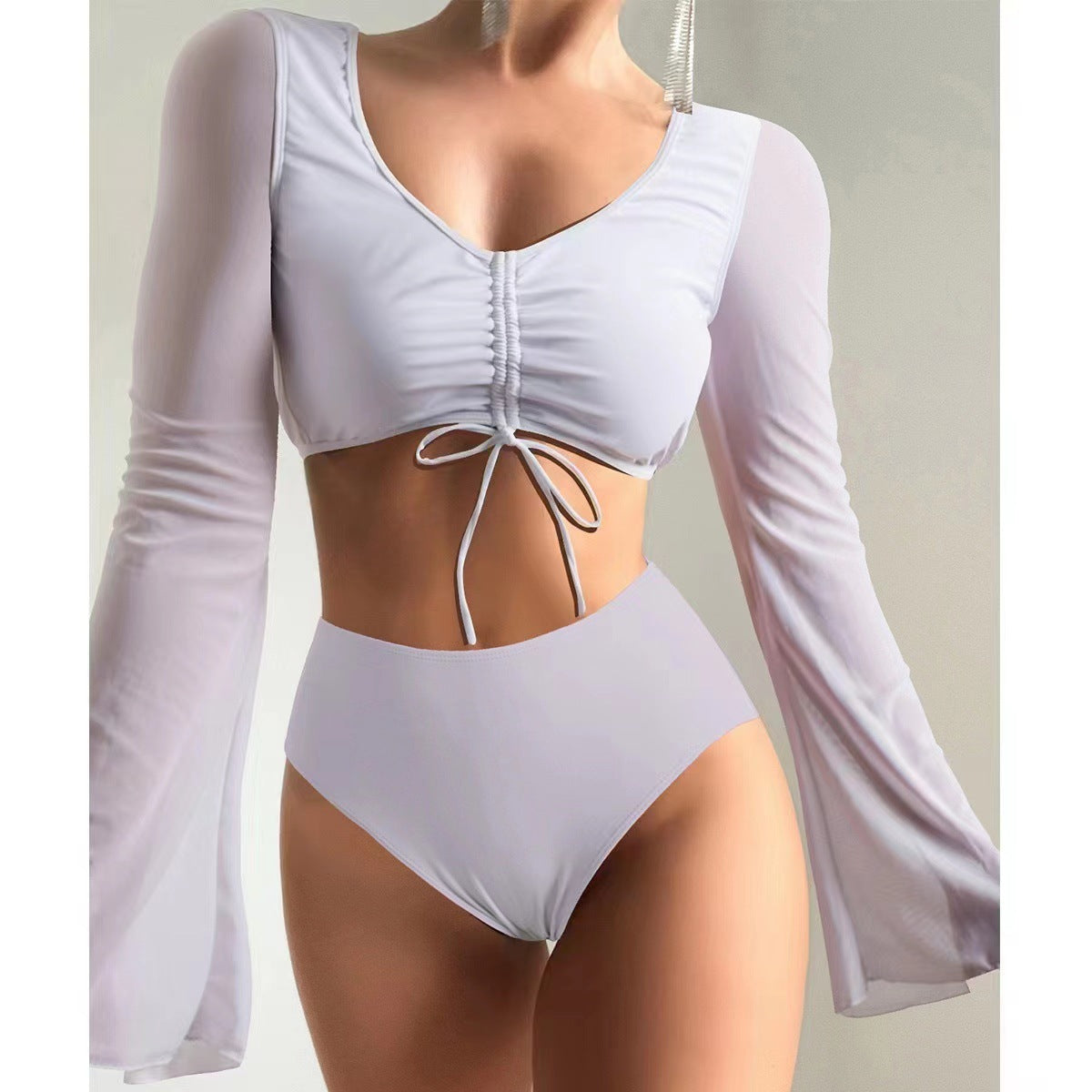 BamBam Two Pieces Plain High Waist Long Sleeve Swimsuit - BamBam