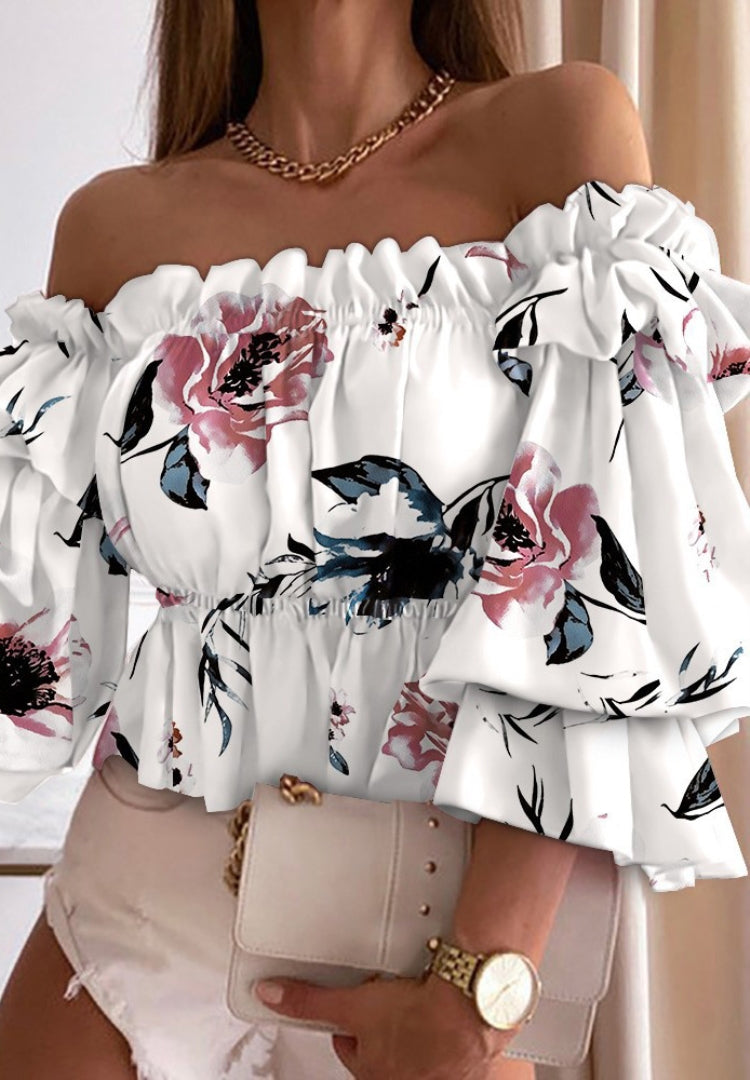 Autumn Casual Floral White Strapless Peplum Crop Top