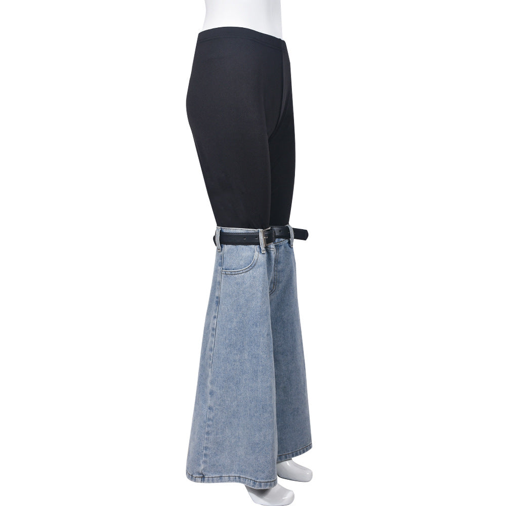 BamBam Women's Fall Colorblock Denim Patchwork Bell Bottom Pants - BamBam