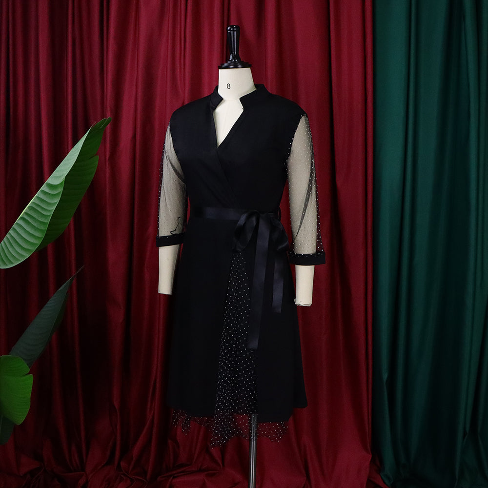 BamBam Autumn Plus Size Formal Mesh Patch Polka Dot Black Knee-Length Office Dress - BamBam