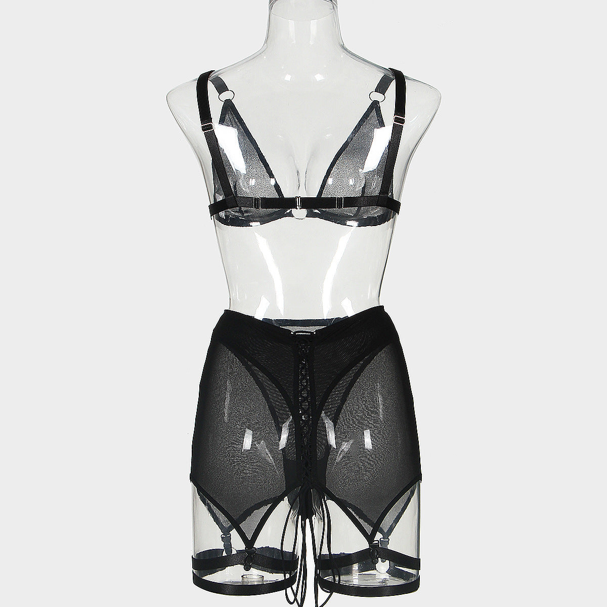 BamBam Women See-Through Mesh Lace-Up Sexy Lingerie Set - BamBam