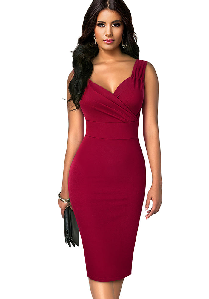 Women Summer Burgunry Formal V-neck Sleeveless Solid Pleated Midi Pencil Office Dress