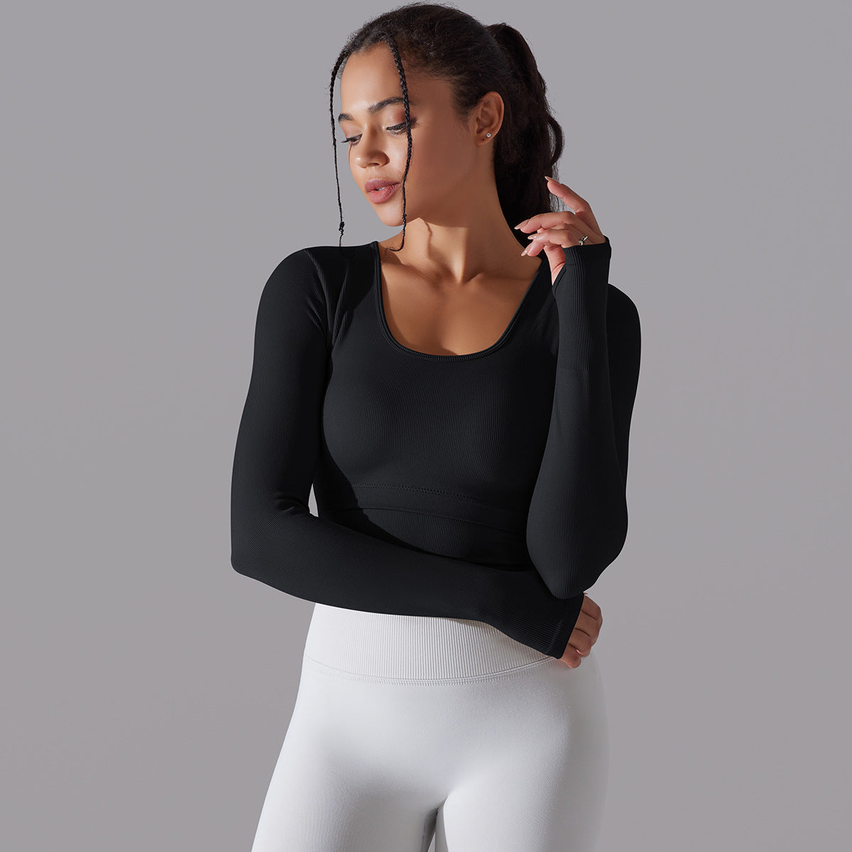 BamBam Seamless Knitting Solid Color Ribbed Sports Yoga Long-Sleeved Running Fitness Yoga Tops For Women - BamBam