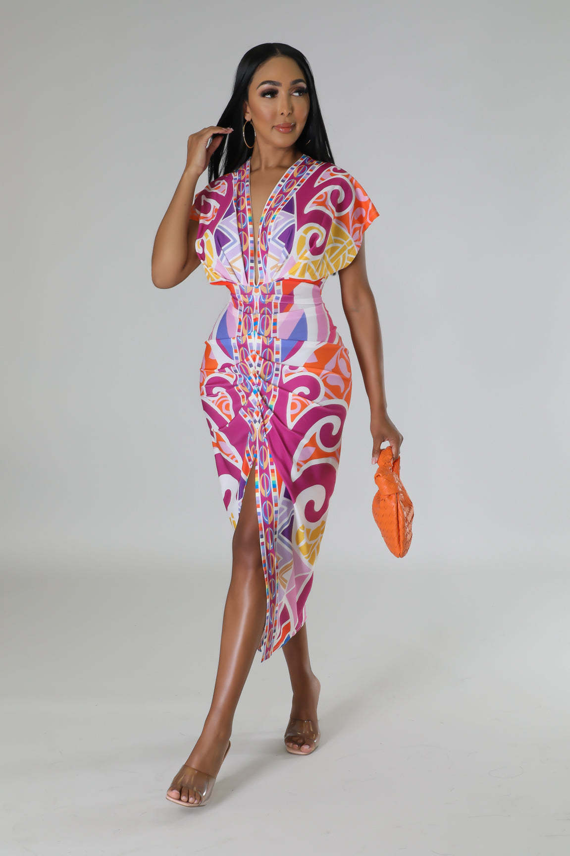 BamBam Printed women's v-neck Tight Fitting skirt dress ethnic style slit positioning pleated dress - BamBam