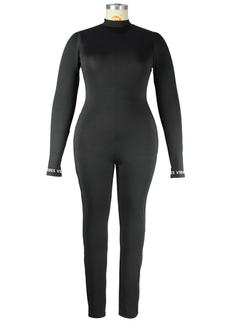 BamBam Fall Plus Size Sexy Pure Black Long Sleeve Slim Jumpsuit - BamBam Clothing
