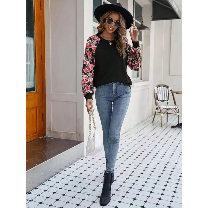 BamBam Autumn Printed Patchwork Fashionable And Versatile Casual Round Neck Long Sleeve T-Shirt Women's Clothing - BamBam