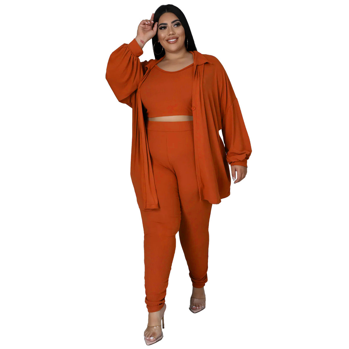 BamBam Plus Size Women Ribbed Solid Color Three-Piece Casual Sexy Pants Set - BamBam