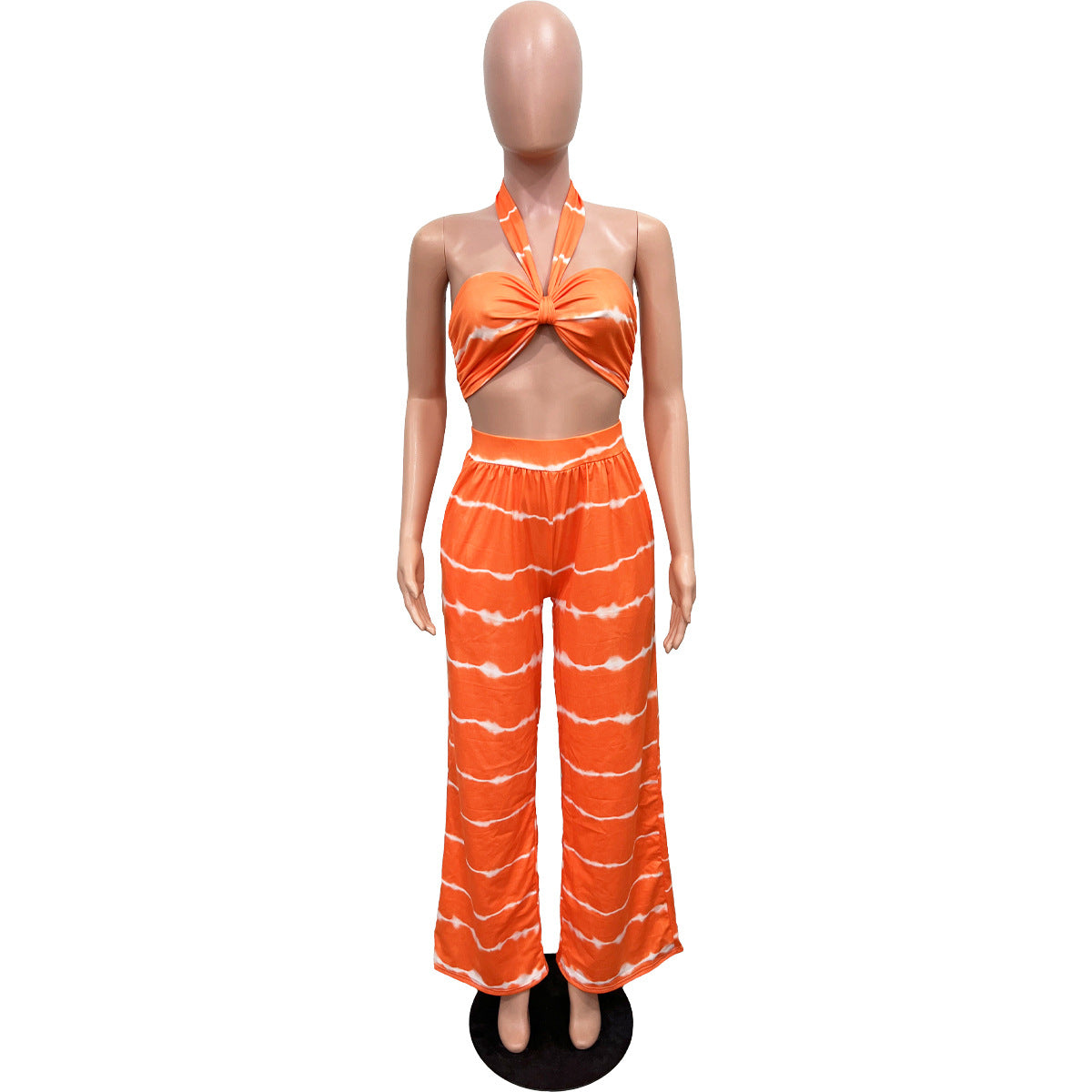 BamBam Women Stripe Print Crop Top and Loose Pocket Trousers Two-Piece Set - BamBam