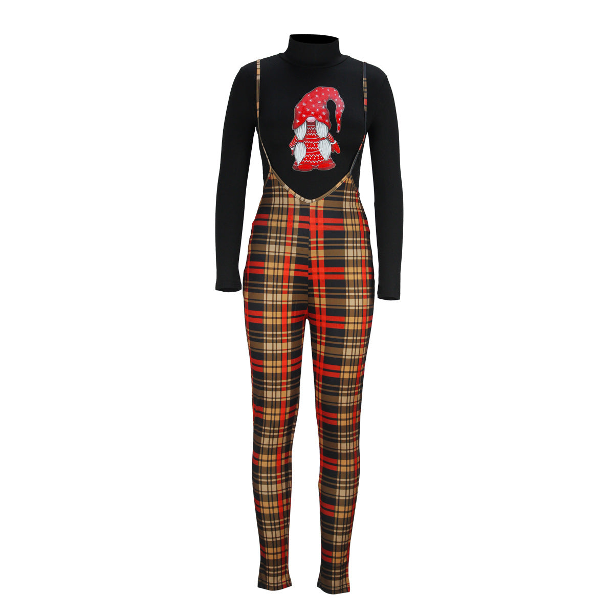 BamBam Women Casual Christmas Turtleneck Top and Plaid Overalls Two-Piece Set - BamBam